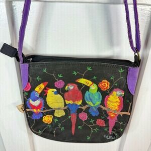 Paul Brent Art Hand Painted Black Canvas Crossbody Bag Tropical Birds Floral